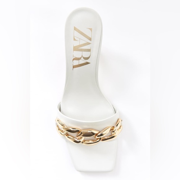 ZARA HIGH HEELED CHAIN SQUARED TOE WHITE SANDALS NEW WITH TAGS US 6.5 / EUR 37 - Picture 5 of 9
